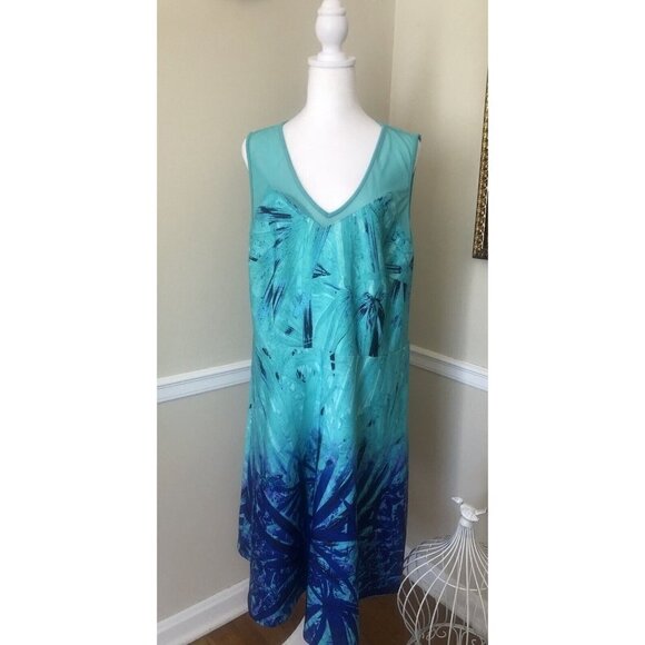 Cable & Gauge Womens Plus Size 1X Green Sleeveless Dress Stretch Leaf Print - Picture 1 of 6